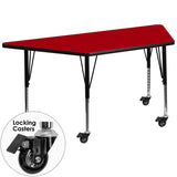 Mobile 30''W x 60''L Trapezoid Activity Table with Red Thermal Fused Laminate Top and Height Adjustable Preschool Legs