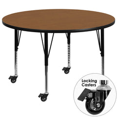 Mobile 42'' Round Activity Table with Oak Thermal Fused Laminate Top and Height Adjustable Preschool Legs