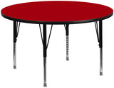 60'' Round Activity Table with Red Thermal Fused Laminate Top and Height Adjustable Preschool Legs