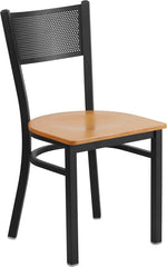 HERCULES Series Black Grid Back Metal Restaurant Chair - Natural Wood Seat