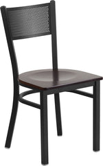 HERCULES Series Black Grid Back Metal Restaurant Chair - Walnut Wood Seat