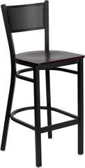 HERCULES Series Black Grid Back Metal Restaurant Barstool - Mahogany Wood Seat