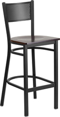 HERCULES Series Black Grid Back Metal Restaurant Barstool - Walnut Wood Seat