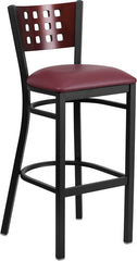 HERCULES Series Black Decorative Cutout Back Metal Restaurant Barstool - Mahogany Wood Back, Burgundy Vinyl Seat