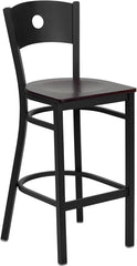 HERCULES Series Black Circle Back Metal Restaurant Barstool - Mahogany Wood Seat