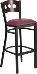 HERCULES Series Black Decorative 3 Circle Back Metal Restaurant Barstool - Walnut Wood Back, Burgundy Vinyl Seat