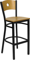 HERCULES Series Black Circle Back Metal Restaurant Barstool - Natural Wood Back & Seat