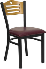 HERCULES Series Black Slat Back Metal Restaurant Chair - Natural Wood Back, Burgundy Vinyl Seat