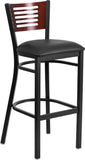 HERCULES Series Black Decorative Slat Back Metal Restaurant Barstool - Mahogany Wood Back, Black Vinyl Seat