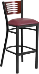 HERCULES Series Black Decorative Slat Back Metal Restaurant Barstool - Mahogany Wood Back, Burgundy Vinyl Seat