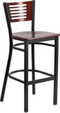 HERCULES Series Black Decorative Slat Back Metal Restaurant Barstool - Mahogany Wood Back & Seat