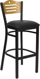 HERCULES Series Black Slat Back Metal Restaurant Barstool - Natural Wood Back, Black Vinyl Seat