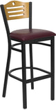 HERCULES Series Black Slat Back Metal Restaurant Barstool - Natural Wood Back, Burgundy Vinyl Seat