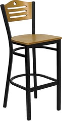 HERCULES Series Black Slat Back Metal Restaurant Barstool - Natural Wood Back & Seat