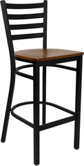 HERCULES Series Black Ladder Back Metal Restaurant Barstool - Cherry Wood Seat