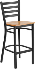 HERCULES Series Black Ladder Back Metal Restaurant Barstool - Natural Wood Seat