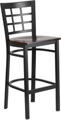 HERCULES Series Black Window Back Metal Restaurant Barstool - Walnut Wood Seat