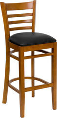 HERCULES Series Cherry Finished Ladder Back Wooden Restaurant Barstool - Black Vinyl Seat