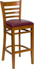 HERCULES Series Cherry Finished Ladder Back Wooden Restaurant Barstool - Burgundy Vinyl Seat