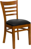 HERCULES Series Cherry Finished Ladder Back Wooden Restaurant Chair - Black Vinyl Seat