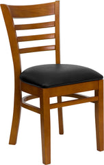 HERCULES Series Cherry Finished Ladder Back Wooden Restaurant Chair - Black Vinyl Seat