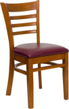 HERCULES Series Cherry Finished Ladder Back Wooden Restaurant Chair - Burgundy Vinyl Seat