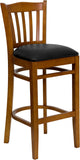 HERCULES Series Cherry Finished Vertical Slat Back Wooden Restaurant Barstool - Black Vinyl Seat