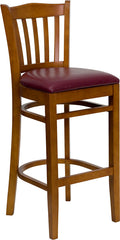 HERCULES Series Cherry Finished Vertical Slat Back Wooden Restaurant Barstool - Burgundy Vinyl Seat