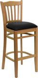 HERCULES Series Natural Wood Finished Vertical Slat Back Wooden Restaurant Barstool - Black Vinyl Seat