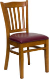 HERCULES Series Cherry Finished Vertical Slat Back Wooden Restaurant Chair - Burgundy Vinyl Seat