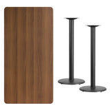 30'' x 60'' Rectangular Walnut Laminate Table Top with 18'' Round Bar Height Table Bases